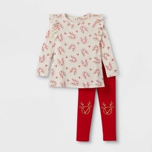 🆕 Cat & Jack Reindeer Holiday Long Sleeve Top & Legging Set Toddler Girls